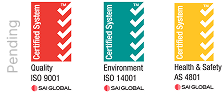 Three certification badges from SAI Global: ISO 9001 for Quality (red), ISO 14001 for Environment (green), and AS 4801 for Health & Safety (yellow). The word "Pending" appears vertically on the left.