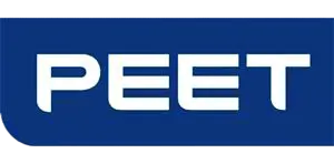 A blue rectangular sign with the word "PEET" written in bold, white, uppercase letters.