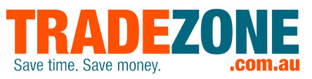 Logo for TradeZone with "TRADE" in orange and "ZONE" in blue. Below, the tagline reads “Save time. Save money.” in blue, and “.com.au” appears in orange.