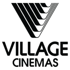 Black and white logo for Village Cinemas, featuring a stylised "V" formed by parallel lines above the words "VILLAGE CINEMAS" in bold, uppercase letters.