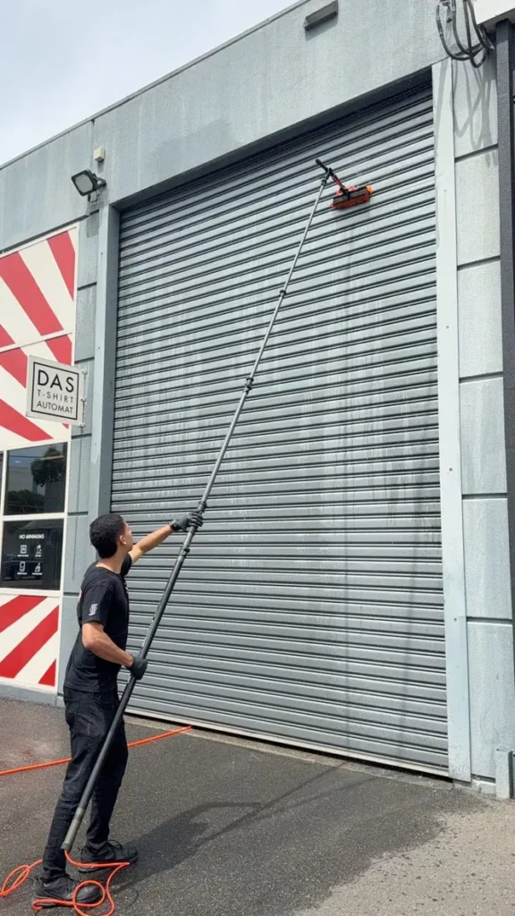 A person uses a long pole with a brush attachment to clean a large metal roller shutter on an industrial building. An orange hose is attached to the pole and runs along the wet pavement.