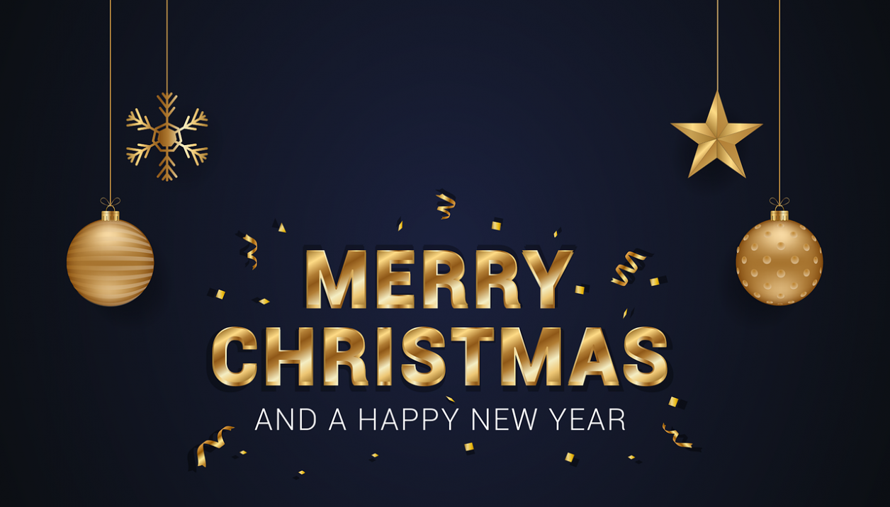 Dark background with gold Christmas decorations, including a snowflake, star, and bauble, hanging above bold gold text that reads, "Merry Christmas and a Happy New Year," with gold confetti accents.