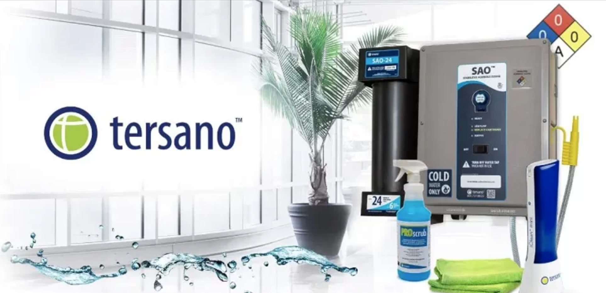 A Tersano cleaning system display with equipment, spray bottle, microfibre cloths, and cleaning wand. The Tersano logo is visible on glass, with a green plant and a safety hazard diamond in the background.