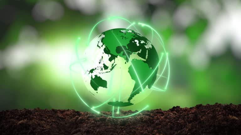 Digital green globe above soil representing sustainable cleaning solutions and environmentally responsible business practices