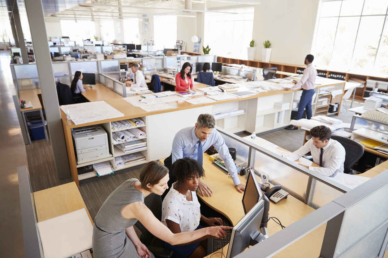 Open-plan office with people working at desks and computers. Three colleagues collaborate at a computer in the foreground, whilst others work individually at their stations. Large windows provide natural light, enhancing the space’s sustainability.