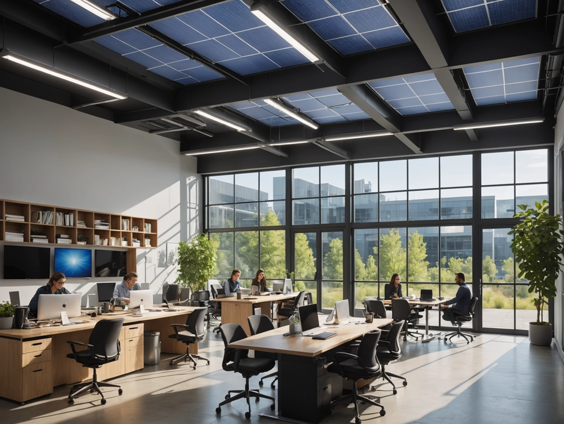 Modern open-plan office with several people working at desks. Large windows let in natural light, while solar panels on the roof highlight the office’s commitment to sustainability. Green plants and trees flourish inside and outside the building.