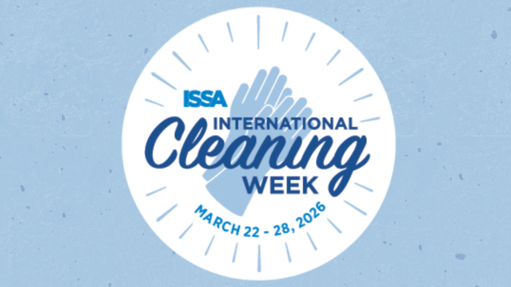 Circular logo for International Cleaning Week, featuring overlapping blue cleaning gloves and text: "22–28 March 2026," on a light blue textured background.
