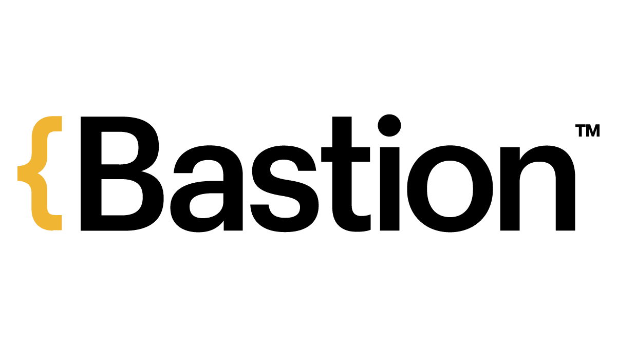 The image shows the word "Bastion" in bold black letters with a yellow left curly brace "{" in front of the word. "TM" appears in smaller font at the top right of the word. The background is light grey.