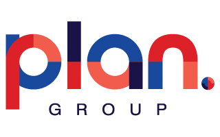 The image shows the logo for "plan. GROUP" with the word "plan." in lowercase, bold, and two-tone blue and red letters, and "GROUP" in uppercase, thin, navy-blue letters below.