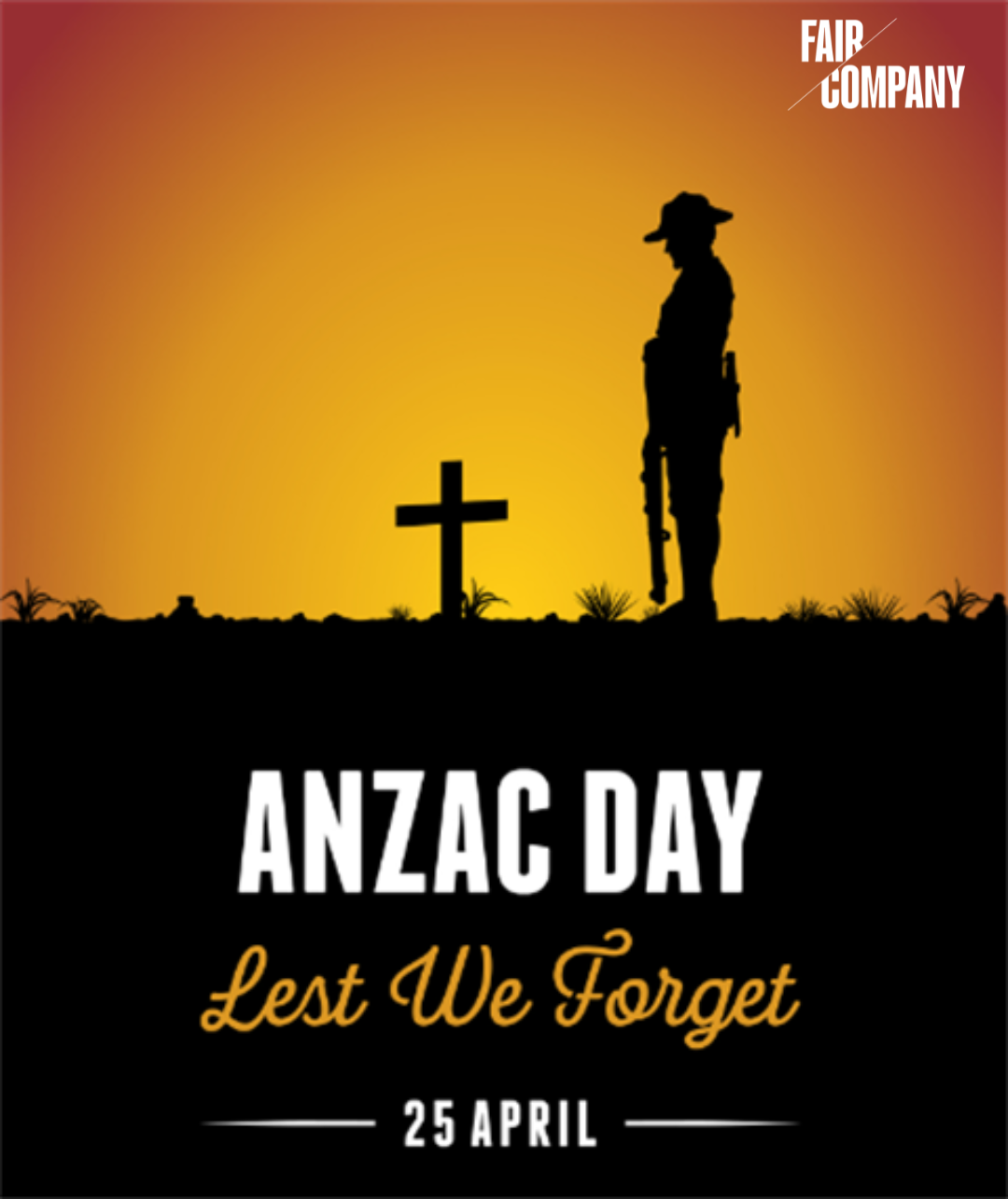 ANZAC Day memorial image with soldier silhouette and cross at sunset Australia Melbourne Sydney Brisbane